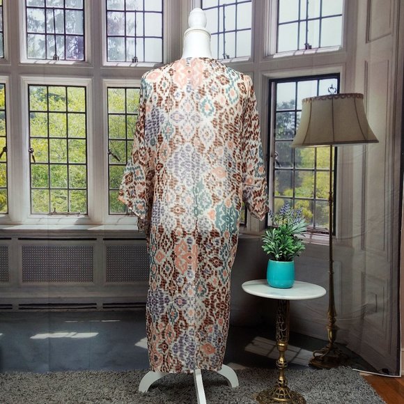 NWT SONOMA WATERCOLOR IKAT LONG KIMONO (BROWN MULTI / OS) - Picture 8 of 10